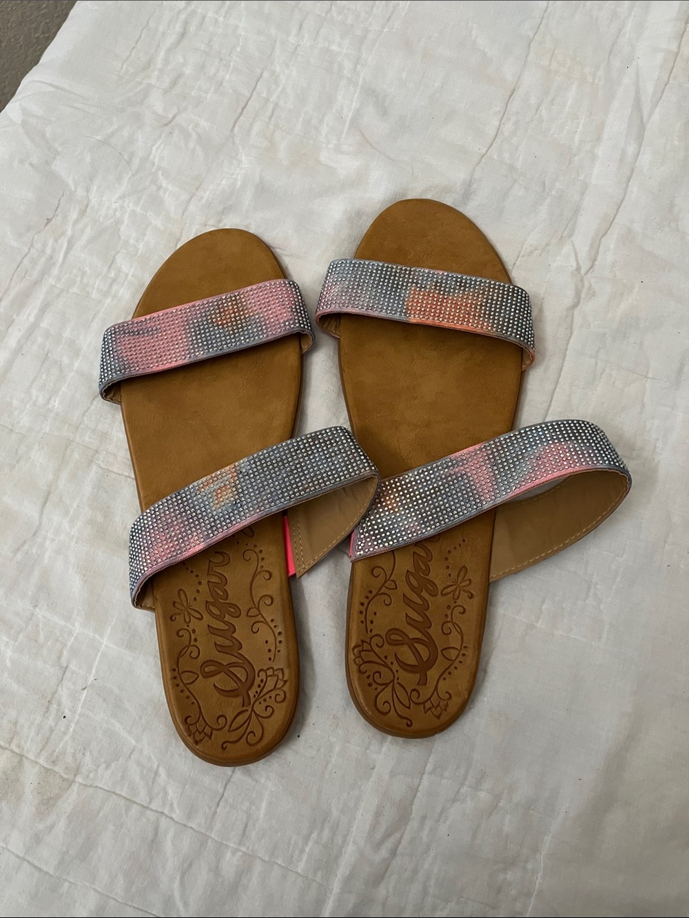 Sugar Pink and Silver Embellished Double-Strap Slide Sandals